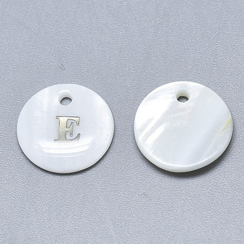 Natural White Shell Mother of Pearl Shell Charms, with Iron Sticker, Flat Round with Letter, Letter.E, 13x2mm, Hole: 1.5mm