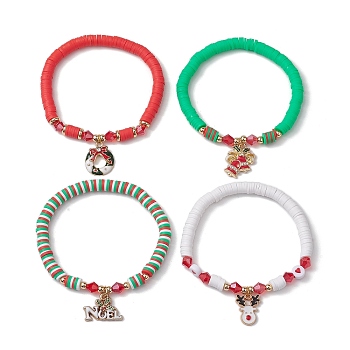 4Pcs 4 Styles Handmade Polymer Clay Beaded Stretch Bracelets, Christmas Bell & Deer Alloy Enamel Charm Stackable Bracelets for Women, Mixed Color, Inner Diameter: 2-1/2 inch(6.3cm), about 1pc/style