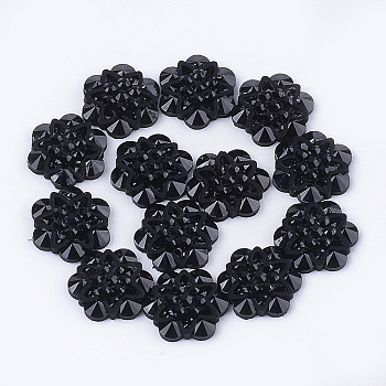 Resin Rhinestone Cabochons, Flower, Black, 12x11x3mm