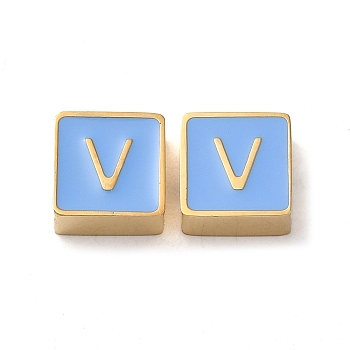 304 Stainless Steel Enamel Beads, Real 14K Gold Plated, Square with Letter, Letter V, 8x8x4mm, Hole: 2mm