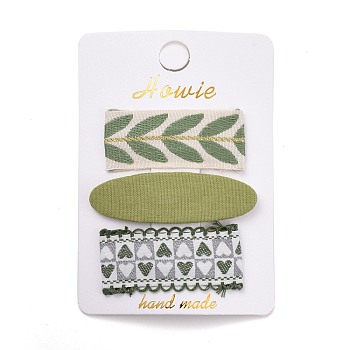 Cloth Snap Hair Clips Set, with Platinum Iron Snap Clips, Rectangle & Oval, with Heart & Leaf Pattern, Dark Sea Green, 59~70x21~24x2~5.5mm, 3pcs/set
