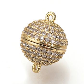 Brass Micro Pave Cubic Zirconia Magnetic Clasps with Loops, Round, Golden, 14x10mm, Hole: 1mm