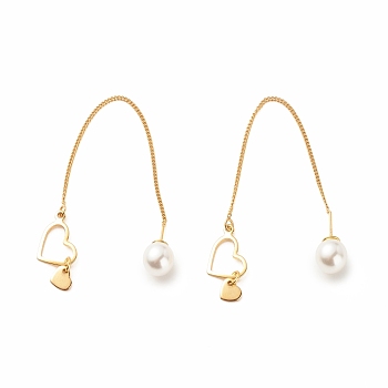 Brass Ear Thread with Heart and Acrylic Pearl Charm, Long Dangle Stud Earrings with 925 Sterling Silver Pins for Women, Golden, 107