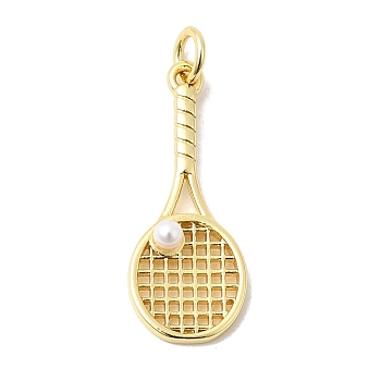 Brass with ABS Plastic Imitation Pearl Pendants, Racket Charms, Long-Lasting Plated, Cadmium Free & Lead Free, with Jump Ring, Golden, 25x10x3.5mm, Hole: 3mm