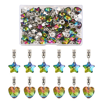 48Pcs 2 Styles Large Hole Alloy European Dangle Charms, with Electroplated Glass Pendants, Heart & Star, Antique Silver, Colorful, 24pcs/style