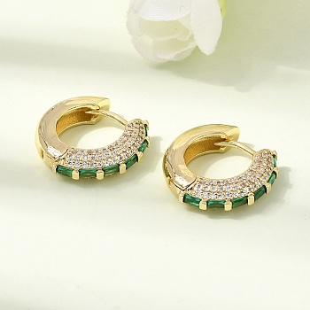 Brass Micro Pave Cubic Zirconia Hoop Earrings, Lead Free & Cadmium Free, Rack Plating, Long-Lasting Plated, Real 18K Gold Plated, Sea Green, 17.5~18x4.5mm