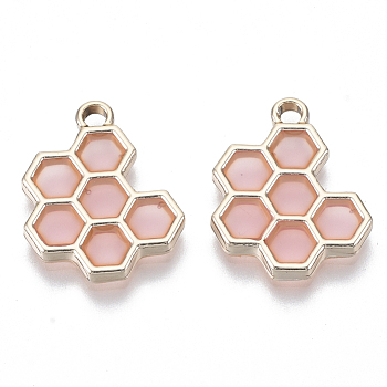Epoxy Resin Pendants, with Light Gold Plated Alloy Open Back Settings, Honeycomb, Pink, 19.5x16x2.5mm, Hole: 2mm