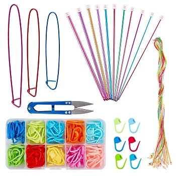 DIY Knit Kit, with Plastic DIY Weaving Tool Knitting Needle Caps, Aluminum Stitch Holder, Iron Scissors, Circular Knitting Needles, Afghan Aluminum Knitting Needles Set, Plastic Stitch Needle Clip, Mixed Color, 200x30mm