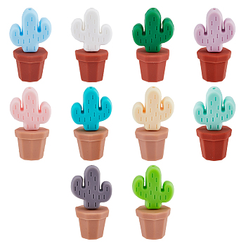 10 Sets 10 Colors Cactus & Potted Plants Food Grade Eco-Friendly Silicone Beads, Chewing Beads For Teethers, DIY Nursing Necklaces Making, Mixed Color, 24.5x23x8mm, Hole: 3mm, 1 set/color
