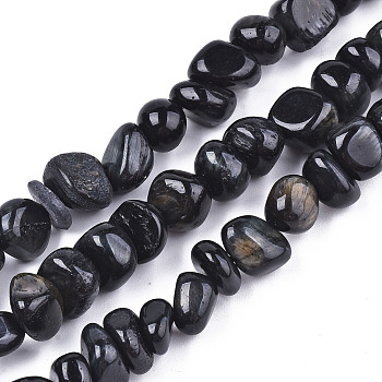 Natural Tiger Eye Beads Strands, Dyed, Tumbled Stone, Nuggets, Black, 3~12x6~10x6~10mm, Hole: 1.2mm, about 52~58pcs/strand, 14.96~15.35 inch(38~39cm)