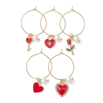 Valentine's Day Alloy Enamel Wine Glass Charms, with Brass Wine Glass Charm Rings and Shell Pearl Beads, Rose/Heart/Key, Red, 44~49.5mm