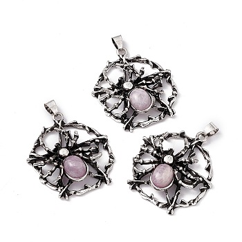 Natural Kunzite Pendants, Flat Round with Spider Charms, with Antique Silver Color Brass Findings, 37~38x34~35x9mm, Hole: 5x4mm
