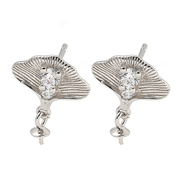 925 Sterling Silver Micro Pave Cubic Zirconia Stud Earrings Findings, Ginkgo, Real Platinum Plated, 15x12mm, Pin: 1x11mm