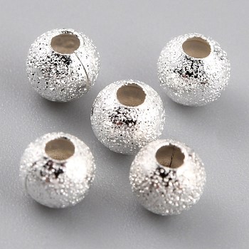 Long-Lasting Plated Brass Beads, Textured Beads, Round, 925 Sterling Silver Plated, 4mm, Hole: 1.5mm