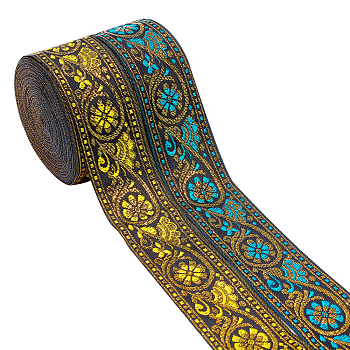 2Rolls 2 Colors Ethnic Style Embroidery Polyester Ribbons, Jacquard Ribbon, Garment Accessories, Single Face Floral Pattern, Mixed Color, 1-3/8 inch(34mm), 7m/roll, 1roll/color