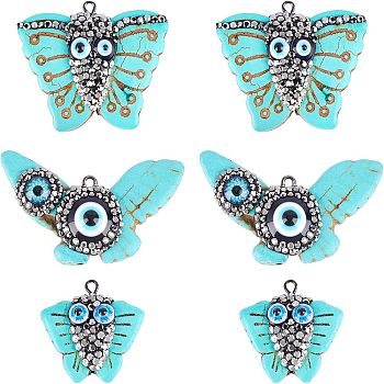 Nbeads 6Pcs 3 Style Synthetic Turquoise Pendants, with Polymer Clay Rhinestones, Evil Eye Resin and Gunmetal Iron Loop, Dyed, Butterfly, Turquoise, 2pcs/style