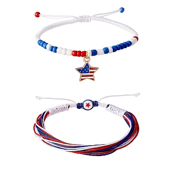 2Pcs 2 Color Alloy Enamel Star Charms Braided Bead Bracelet, Glass Seed Bead Beaded Adjustable Bracelets for Independence Day, Mixed Color, Inner Diameter: 2~3-3/8 inch(5~8.6cm), 1Pc/color
