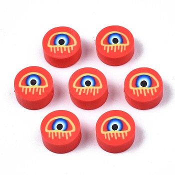 Handmade Polymer Clay Beads, Flat Round with Evil Eye, Red, 9.5~10x4.5mm, Hole: 1.6mm