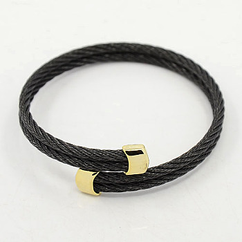 Trendy 304 Stainless Steel Torque Bangles, 304 Stainless Steel Rope Bangles, with Metal Findings, Golden & Black, 51mm