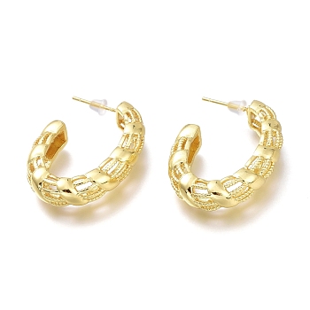 Brass Half Hoop Earrings, with Steel Pin and Plastic Ear Nuts, Long-Lasting Plated, Textured, Oval, Real 18K Gold Plated, 31.5x23.5x6.7mm, Pin: 0.8mm