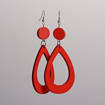 Trendy Teardrop Wood Dangle Earrings, with Platinum Plated Iron Earring Hooks, Red, 105x45mm, Pin: 0.8mm
