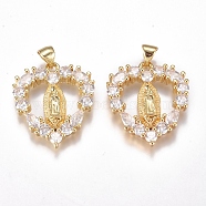 Brass Micro Pave Cubic Zirconia Pendants, Long-Lasting Plated, Heart with Virgin Mary, Clear, Golden, 24.5x21.5x3.5mm, Hole: 5x4mm(ZIRC-G168-06G)