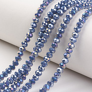 Electroplate Glass Beads Strands, Opaque Solid Color, AB Color Plated, Faceted, Rondelle, Steel Blue, 4x3mm, Hole: 0.4mm, about 123~127pcs/strand, 16.5~16.9 inch(42~43cm)(EGLA-A034-P4mm-B13)
