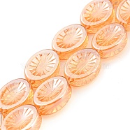 Electroplate Glass Beads Strands, Pearl Luster Plated, Oval with Flower, Orange, 14x10.4x4.8mm, Hole: 1.2mm, about 45pcs/strand, 25.04 inch(63.6cm)(EGLA-G037-13A-PL01)