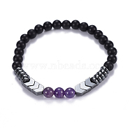 Natural Black Agate(Dyed) & Amethyst Beads Stretch Bracelets, with Non-Magnetic Synthetic Hematite Beads, 2 inch(5.2cm)(BJEW-JB04219-03)