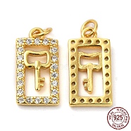 925 Sterling Silver Micro Pave Cubic Zirconia Charms, Rectangle with Key Charm, with Jump Ring, Real 18K Gold Plated, 14x7x2mm, Hole: 2.3mm(STER-I010-05G)