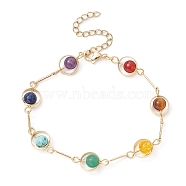 Real 24K Gold Plated Brass Ring & Bar Link Chain Bracelet, Synthetic & Natural Mixed Gemstone Chakra Theme Bracelet, 7-5/8 inch(19.5cm)(BJEW-TA00390)