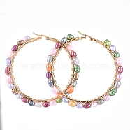 304 Stainless Steel Beaded Big Hoop Earrings, with Natural Pearl Beads, Ring, Golden, 69x5mm, Pin: 0.8mm(EJEW-JE04128-02)