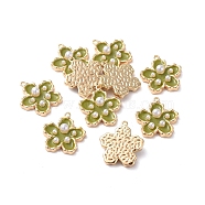 Enamel Pendants, with Brass Findings and Acrylic Pearl, Real 18K Gold Plated, Flower, Olive, 16.5x15x4mm, Hole: 1mm(KK-G377-05G-03)