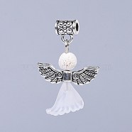 Transparent Frosted Acrylic Flower Pendants, with Tibetan Style Alloy Findings and Natural Dyed Lava Rock Beads, Lovely Wedding Dress Angel Dangle, White, 30~31mm, Hole: 2.8mm(PALLOY-JF00372-03)