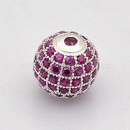 CZ Brass Micro Pave Grade AAA Magenta Color Cubic Zirconia Round Beads, Cadmium Free & Nickel Free & Lead Free, Platinum, 8mm, Hole: 1.7mm(KK-O065-8mm-08P-NR)