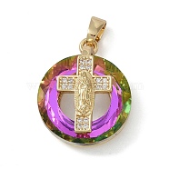 Brass Micro Pave Cubic Zirconia with Glass Pendents, Long-Lasting Plated, Cross, Violet, 25x20x10mm, Hole: 6x3mm(KK-Q815-01G-07)