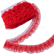 10M Polyester Flower Lace Ribbon with Paillettes, Ruffled Lace Trim for Costume Decoration, Red, 2 inch(50mm)(OCOR-GF0003-34A)