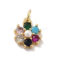 Rack Plating Brass Micro Pave Cubic Zirconia Charms, with Pearl, Cadmium Free & Lead Free, Real 18K Gold Plated, Flower, Colorful, 12.5x10.5x4mm, Hole: 3.6mm(KK-A160-22C-G)
