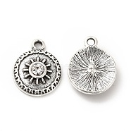 Rack Plating Alloy Rhinestone Pendants, with Jump Rings, Flat Round with Sun Charms,Antique Silver, Crystal, 17.5x13.5x4mm, Hole: 1.8mm(PALLOY-P289-55AS-01)