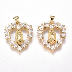 Brass Micro Pave Cubic Zirconia Pendants, Long-Lasting Plated, Heart with Virgin Mary, Clear, Golden, 24.5x21.5x3.5mm, Hole: 5x4mm(ZIRC-G168-06G)