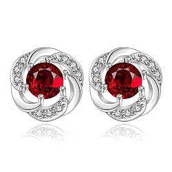 Flower Silver Color Plated Brass Cubic Zirconia Stud Earrings, Red, 10x10mm(EJEW-BB11772-A)