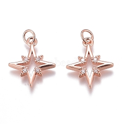 Brass Micro Pave Clear Cubic Zirconia Pendants, Long-Lasting Plated, Star, Real Rose Gold Plated, 15x12x2mm, Hole: 2mm(ZIRC-O035-22RG)