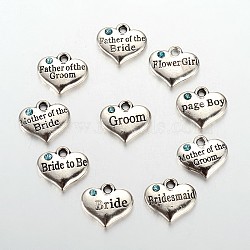 Wedding Party Supply Antique Silver Alloy Rhinestone Heart Carved Word Flower Girl Wedding Family Charms, Aquamarine, 13.5x16x3mm, Hole: 2.5mm, about 10pcs/set(ALRI-X0003-02)