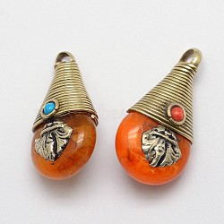 Tibetan Style Teardrop Pendants, with Resin Imitation Beeswax and Antique Golden Brass Findings, Orange, 27x15x11mm, Hole: 4mm(PALLOY-F127-A-02)