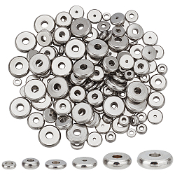 PandaHall Elite 180Pcs 6 Styles 304 Stainless Steel Beads, Flat Round, Stainless Steel Color, 4~10x1~2mm, Hole: 1.2~3mm, 30pcs/style(STAS-PH0005-18)