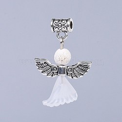 Transparent Frosted Acrylic Flower Pendants, with Tibetan Style Alloy Findings and Natural Dyed Lava Rock Beads, Lovely Wedding Dress Angel Dangle, White, 30~31mm, Hole: 2.8mm(PALLOY-JF00372-03)