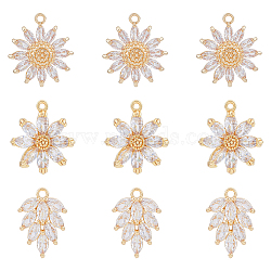 9Pcs 3 Style Brass Micro Pave Cubic Zirconia Pendants, Nickel Free, Daisy & Leaf & Flower, Real 18K Gold Plated, 15~21x11.5~17x4~5.5mm, Hole: 1~1.6mm, 3pcs/style(KK-DC0002-70)