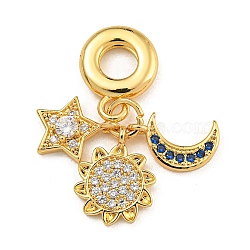 Rack Plating Brass Clear & Blue Cubic Zirconia European Dangle Charms, Star & Flower & Moon Large Hole Pendants, Long-Lasting Plated, Real 18K Gold Plated, 29mm, Hole: 5mm(KK-U035-27G)