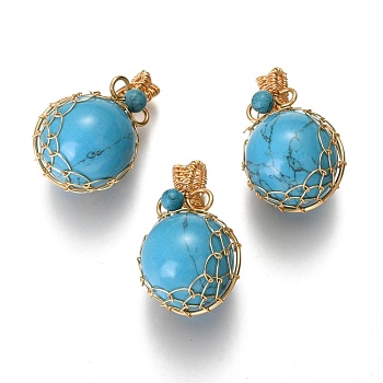 Synthetic Turquoise Pendants, with Golden Brass Findings, Round, 26.5~28x17~17.5x16.5mm, Hole: 3~5X2.5~3.5mm