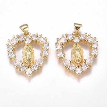 Brass Micro Pave Cubic Zirconia Pendants, Long-Lasting Plated, Heart with Virgin Mary, Clear, Golden, 24.5x21.5x3.5mm, Hole: 5x4mm